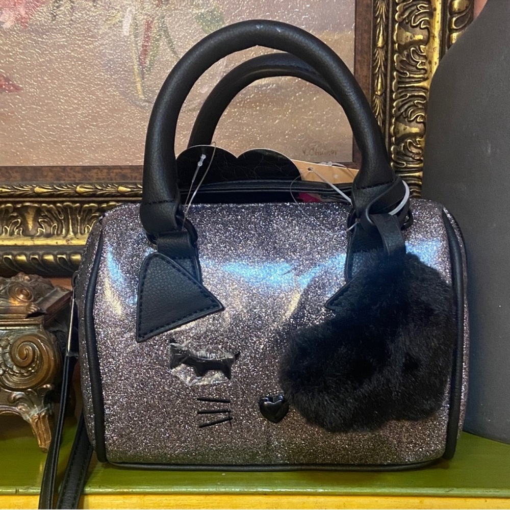 NWT Luv Betsey Glittery Black Mini Cat Design Bag